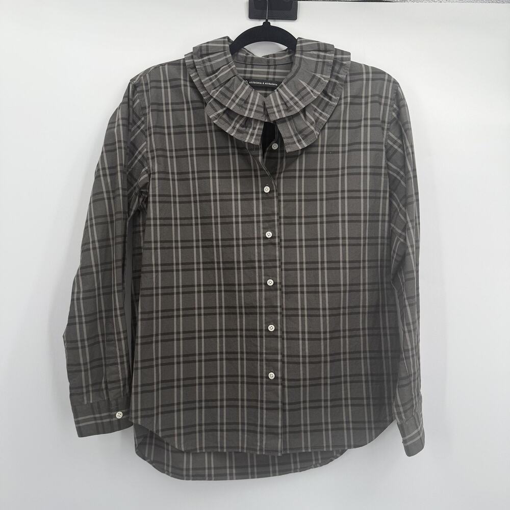 Nico Nicholson & Nicholson Shirt Womens 36 Gray Plaid Bloom Ruffle Collar‎